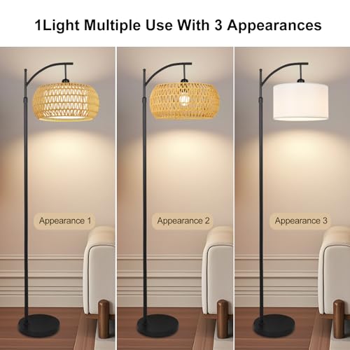 Yellow Rattan Boho Floor Lamp with Remote Control Dimmable LED Tall Lamp for Living Room
