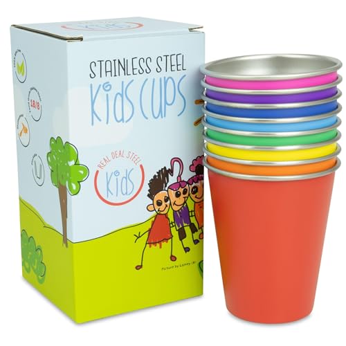Kids Rainbow Steel Cups 8 Pack - BPA Free 10oz Metal Drinking Cups - Food Grade & Shatterproof