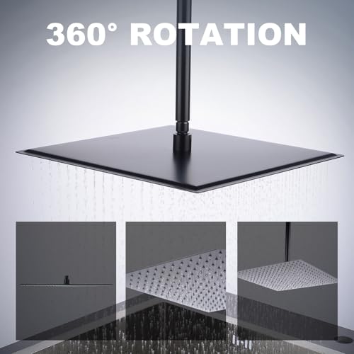 Hiendure 16 Inch Matte Black Rain Shower Head - High Pressure Fixed Rainfall Shower with Adjustable Swivel Ball Joint