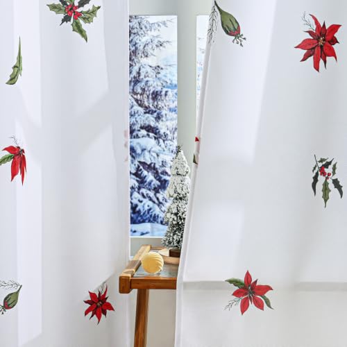 FRAMICS 84 in White Poinsettia Christmas Curtains, Light Filtering, 2 Panels