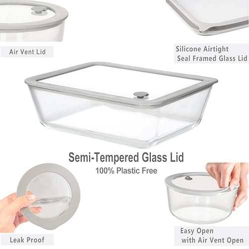 Glass Food Storage Containers with Grey Silicone Lids - Large 4 Pack, Microwave & Dishwasher Safe, Leak-Proof Meal Prep Set - Round