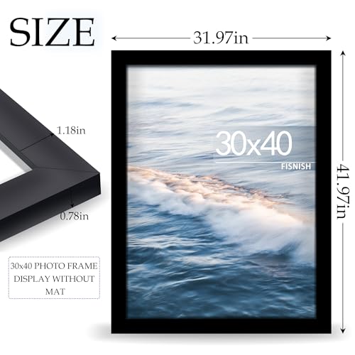 Fisnish 30x40 Black Picture Frame - Horizontal & Vertical Wall Mount, Solid MDF