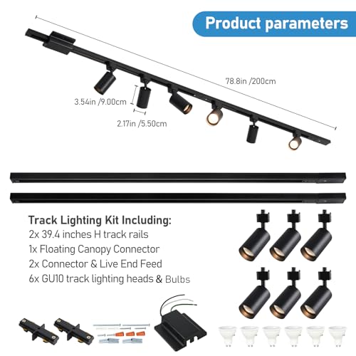 Black 3-Color Dimmable LED Track Lighting Kit with 6 Heads & Rails