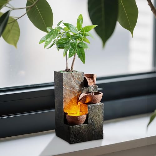 Dark Grey 3-Tier Indoor Water Fountain with LED Light, Tabletop Rock Waterfall