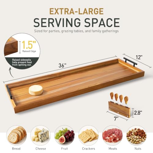 Socisen 36" Teak Charcuterie Board with 4-Piece Cheese Knife Set & Handles