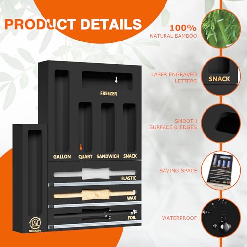 Black 9 Slots Bamboo Drawer Organizer with Wrap Dispenser & Bag Storage