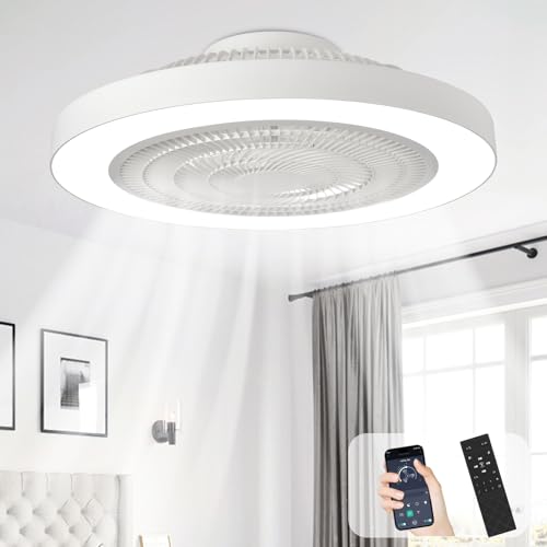 White 19-Inch Bladeless Ceiling Fan with Light and Remote Control - Flush Mount Low Profile LED Fan for Bedroom
