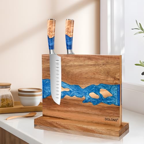 Magnetic Knife Block Brown+Blue - Double-Sided Acacia Wood & Resin Kitchen Organizer