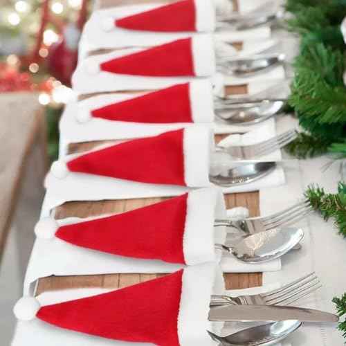 Christmas Santa Hats Silverware Holders, Xmas Party Dinner Utensil Organizers Decorations Supplies 32pcs