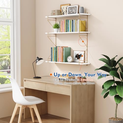 36 Inch Floating Wall Shelves with Gold Rail - White and Gold Book Storage