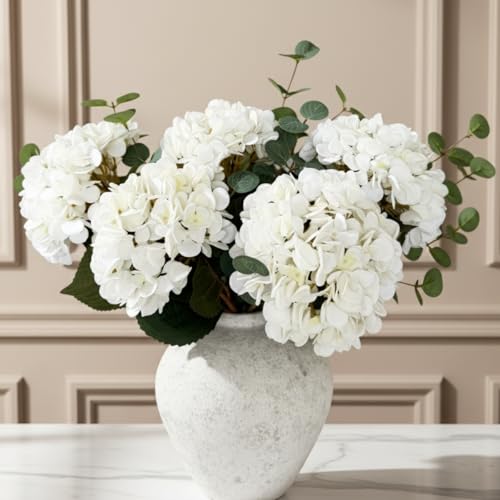 RyddeligHome White Faux Hydrangea & Eucalyptus Floral Arrangement for Vase — Real Touch Artificial Flowers for Home Decor