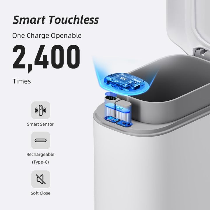 Automatic Motion Sensor Trash Can with Lid - 3.5 Gallon, Touchless & Rechargeable