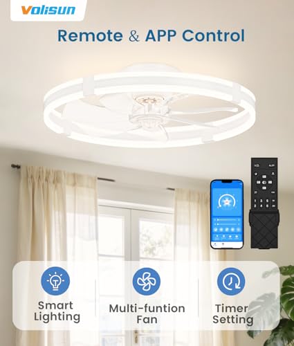 VOLISUN White 23.6-inch Low Profile Ceiling Fan with Dimmable Light & Remote
