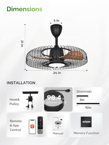 Orison 24-Inch Outdoor Ceiling Fan with Lights, Remote & App Control, Weatherproof Gazebo Fan - Regular