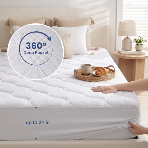 LEISURE TOWN White Queen Cotton Mattress Pad Fitted Quilted Cover