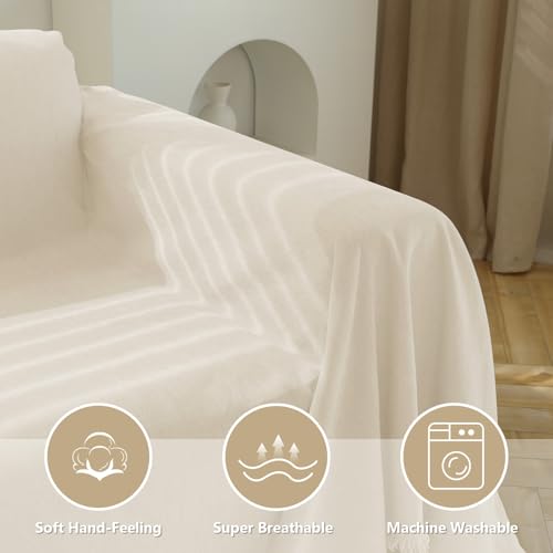 Oversized Couch Cover for 3 Cushion Sofa - Washable Beige Tassels Edge-150"