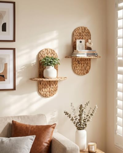 Set of 2 Wicker Wall Plant Holders - Rattan Boho Wall Shelves for Indoor Decor