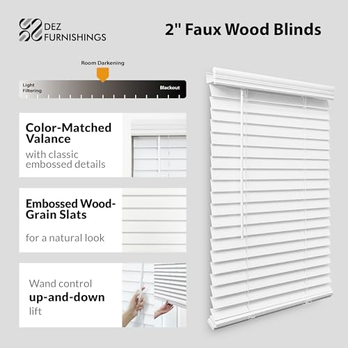 Cordless Faux Wood Window Blinds - 72x48 White, Child & Pet Safe