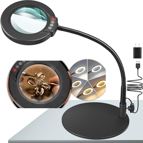 Black 10X Magnifying Lamp with 16.5in Flexible Gooseneck & Dimmable LED for Crafts & Precision Work