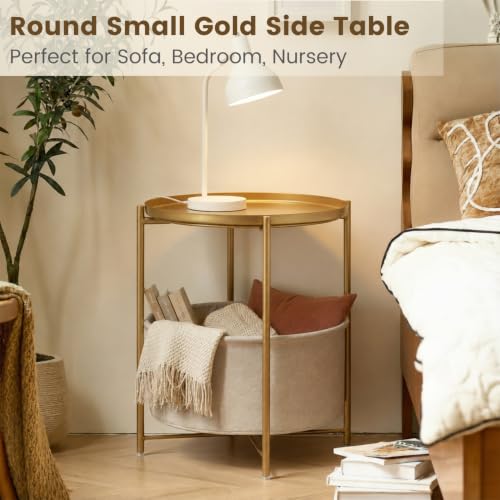 danpinera Gold Side Table with Removable Basket & Tray, Small Round Living Room Accent