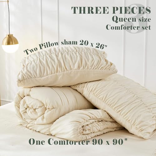 Wheat Queen Size Ruching Comforter Set - Luxurious Bedding with Shabby Chic Ruffles