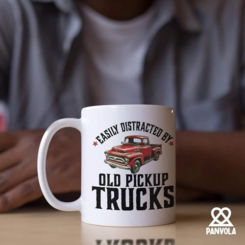 Panvola Easily Distracted 11 oz Ceramic Mug – White, Old Pickup Truck Lover Gift