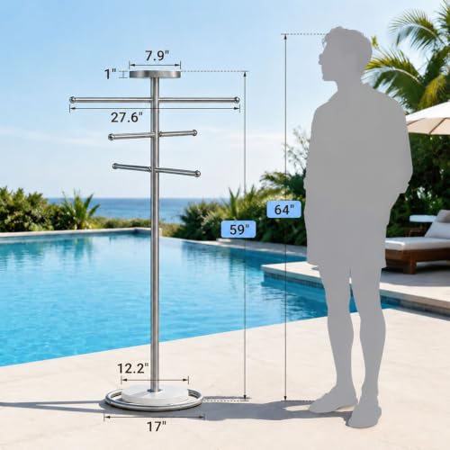 Outdoor 59 Inch Pool Towel Rack with Brushed Finish, Adjustable Arms & Marble Base