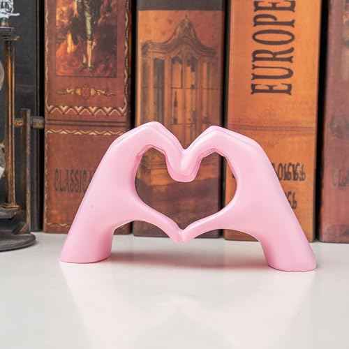 Small Heart Hands Sculpture Decor for Living Room Bedroom Bookshelf Coffe Table and Office Display, Love Finger Statue Modern Aesthetic Home Decor, Unique Gift for Wedding Christmas Birthday (Pink)
