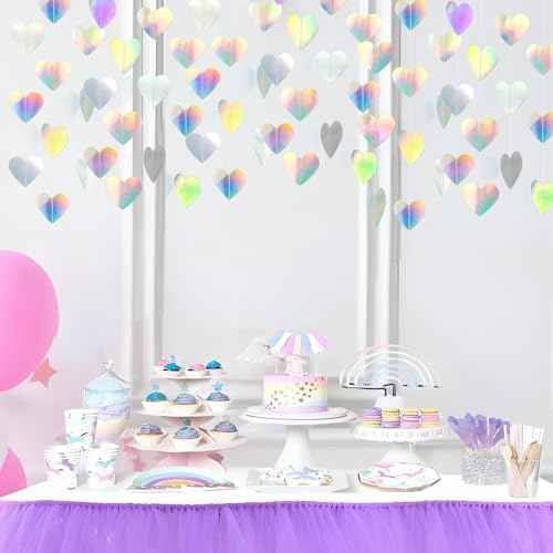 52 Feet Love-Heart Garland Shiny Iridescent Heart Streamers Holographic Paper Garland for Valentines Day Birthday Wedding Engagement Bridal Shower Bachelorette Winter Christmas Decoration