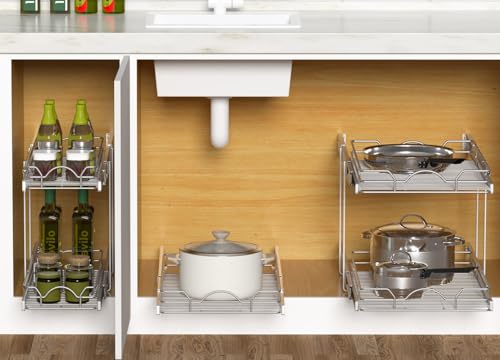 OCG 2 Pack Pull Out Cabinet Organizer 18W x 21D Chrome Finish | Kitchen & Bathroom Shelves