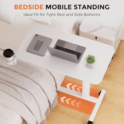 White GTPLAYER Adjustable Mobile Standing Desk with Lockable Wheels, Overbed Table, 32x18 inch