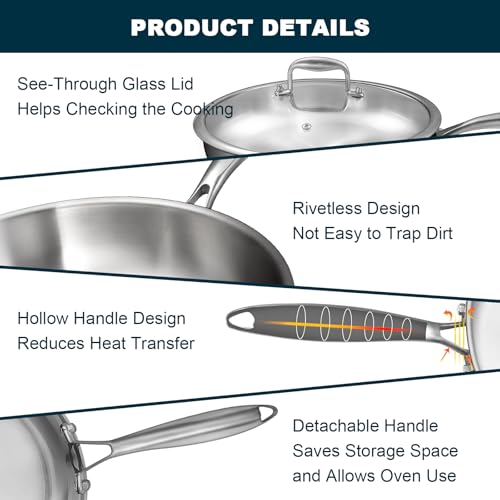 8+10+12 Inch Tri-Ply Stainless Steel Frying Pan Set with Lids - PFOA & PTFE Free