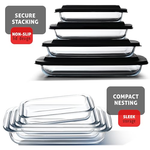 EATEX 8-Piece Black Glass Casserole Bakeware Set with Lids - Oven & Freezer Safe, 4 Pack