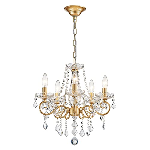 Mini Crystal Chandelier for Living Room & Bedroom - 16.5 Inch Height, Gold Finish, 5 E12 Bulbs, Adjustable Chain