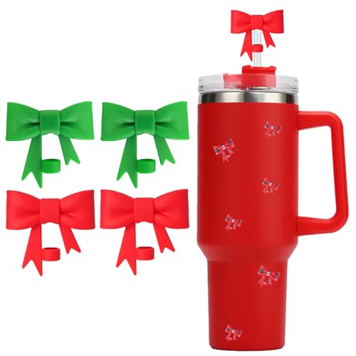 Hiusity Christmas Red Bow Silicone Straw Cover Tops for Stanley Cup 40oz, 10mm/0.4in, 4 Pcs