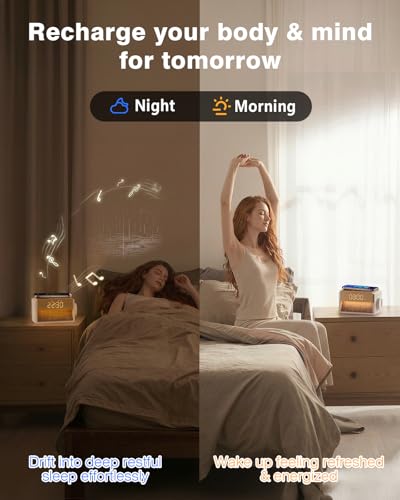White Wood Sunrise Alarm Clock with Sound Machine & Wireless Charger - Bokefo