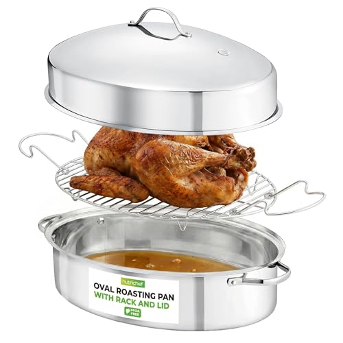 20-Inch Stainless Steel Roasting Pan with Rack and Lid - Oven & Dishwasher Safe