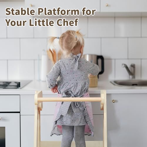 Foldable Toddler Kitchen Step Stool with 3 Adjustable Heights - Natural Wood