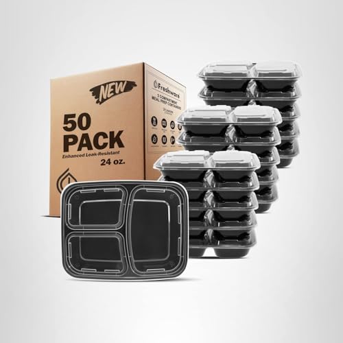 Freshware Meal Prep Containers [50 Pack] 3 Compartment Food Storage Containers with Lids, Bento Box, BPA Free, Stackable, Microwave/Dishwasher/Freezer Safe (24 oz)
