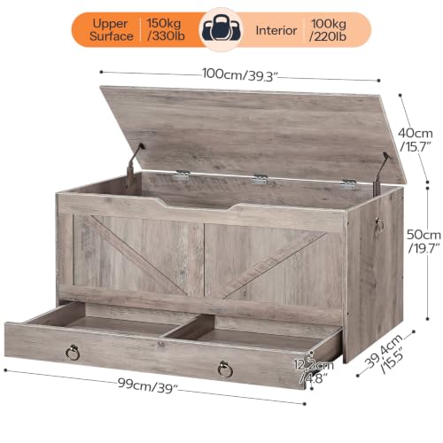 HOOBRO Greige 39.3" Wooden Storage Chest with Drawer, Safety Hinge, Entryway Bench