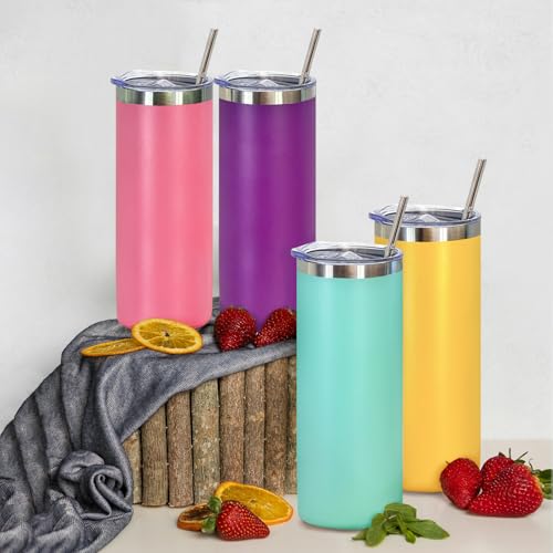 Large YOUKE OLA 20oz Stainless Steel Skinny Tumblers Set - Multicolor, Double Wall, Insulated with Lids & Straws