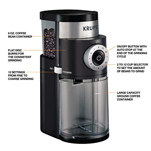 KRUPS Coffee Grinder 12 Settings, 8oz Capacity, Auto-Stop, Easy Clean - Black + Silver