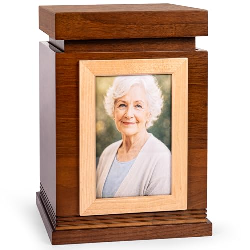 Wooden Ashes Keepsake Urn with Photo Frame - Large Walnut Adult Memorial - 6.5x6.5x11 Inches