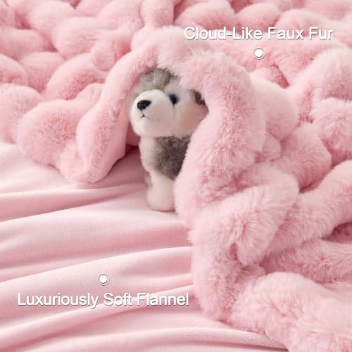 Pink Faux Fur Throw Blanket 50x60 Reversible Bubble Plush Texture - Comelady