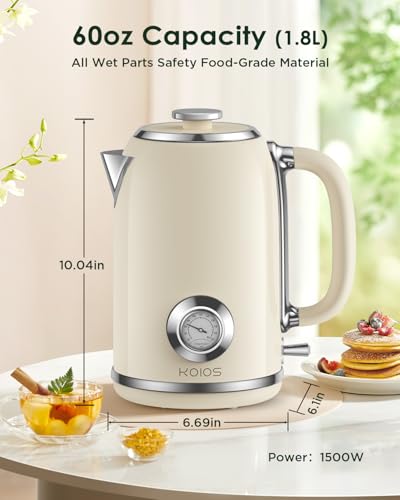 KOIOS 1.8L Beige Electric Kettle with Temperature Gauge, 1500W Fast Boil, Retro Style