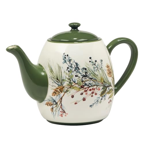 Ceramic Winter Forest Teapot 36 oz. - Holiday Pinecones & Evergreen Design