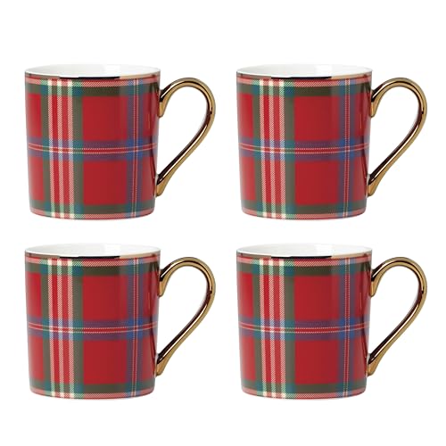 Lenox Holiday Red Tartan Mugs Set of 4, 11 oz, Dishwasher Safe Porcelain