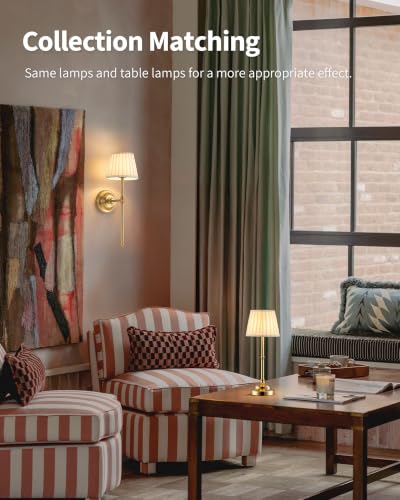 KDG Gold Cordless Wall Sconces Set of 2 with Beige Fabric Shades, Dimmable LED Wall Lamps