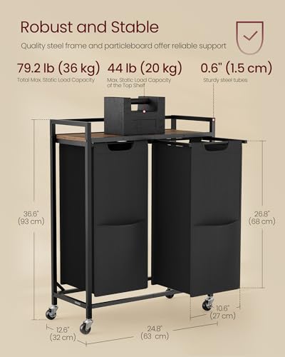 VASAGLE Laundry Sorter 2 Section, Rolling Cart with Shelf 29 Gal.