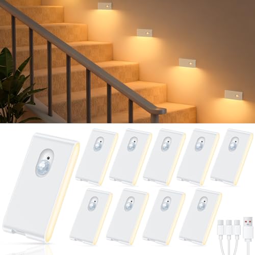 Rechargeable Warm White LED Night Light Set - 10 Pack, Wireless Motion Sensor, Stick-On Indoor Stair & Hallway Lights - White